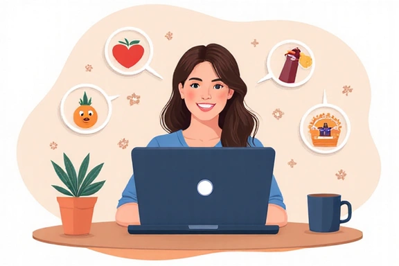 Illustration of a person having an online consultation on a laptop with health icons around
