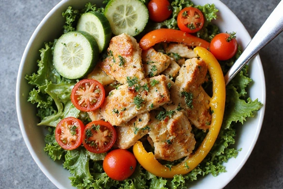 A vibrant salad bowl with fresh greens, colorful vegetables, and a light dressing.