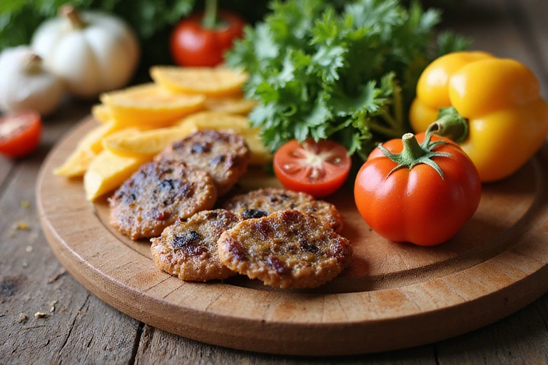 Healthy food, fresh ingredients, vibrant colors, beautifully arranged on a wooden table.