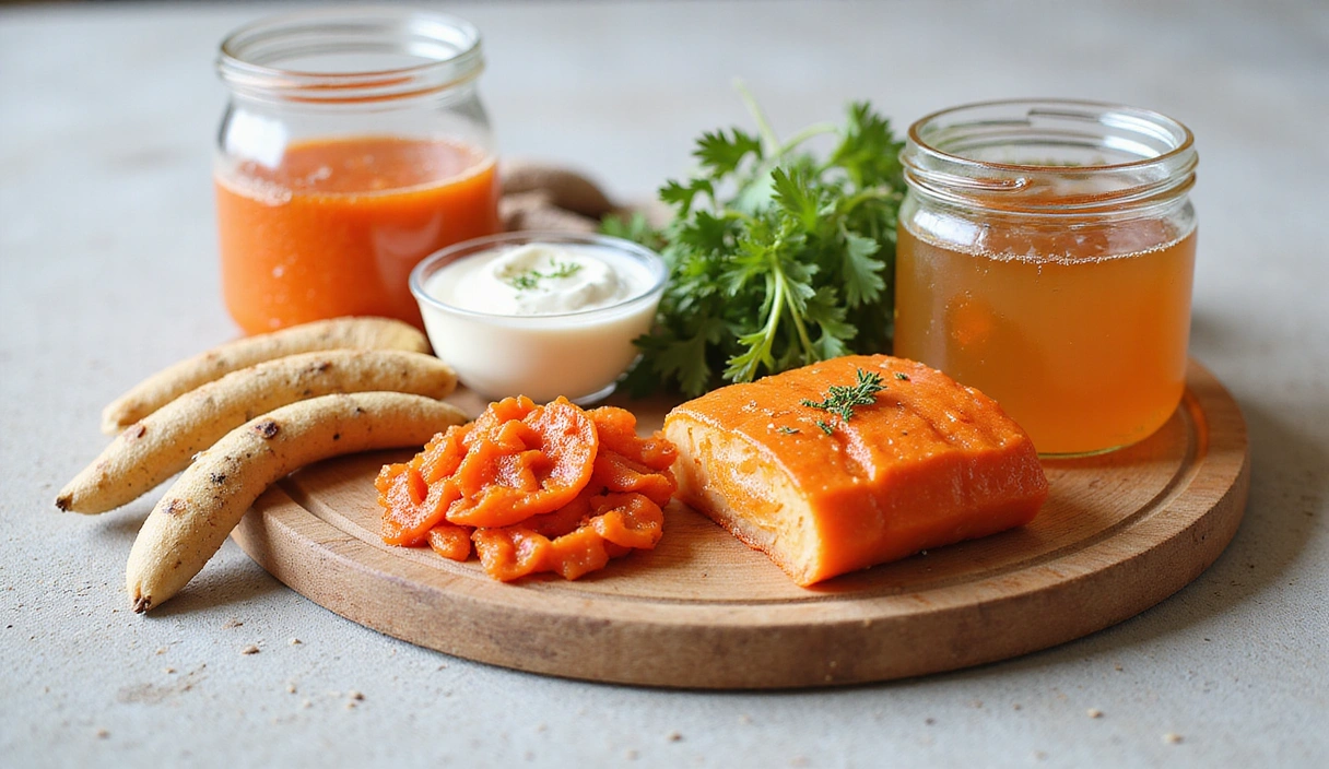 A vibrant image of various fermented foods like kimchi, yogurt, and kombucha, symbolizing gut health and probiotics.