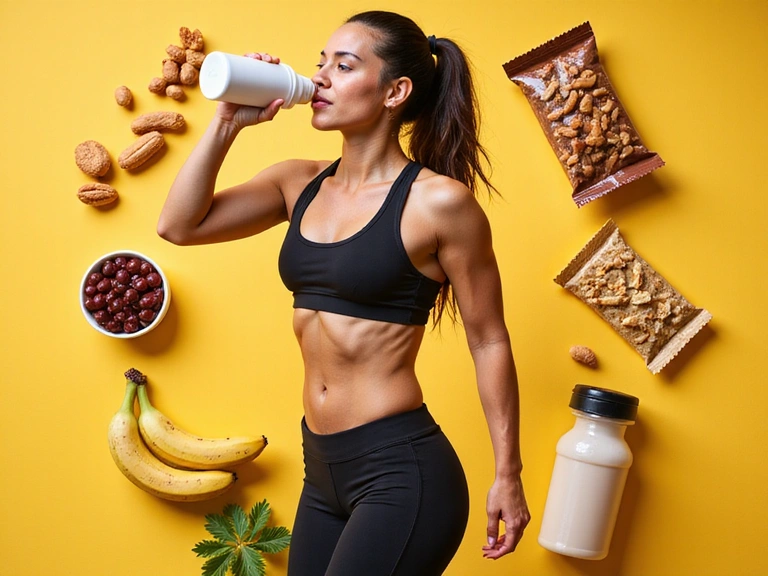 A dynamic image of an athlete hydrating with a sports bottle after a workout, surrounded by various healthy energy-boosting foods like bananas, nuts, and protein shakes, symbolizing sports nutrition.